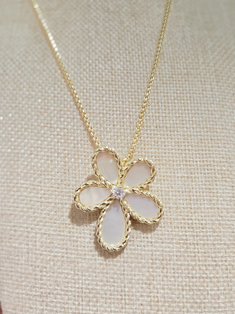 Gold Flower Pendant Necklace with Mother-of-Pearl Petals